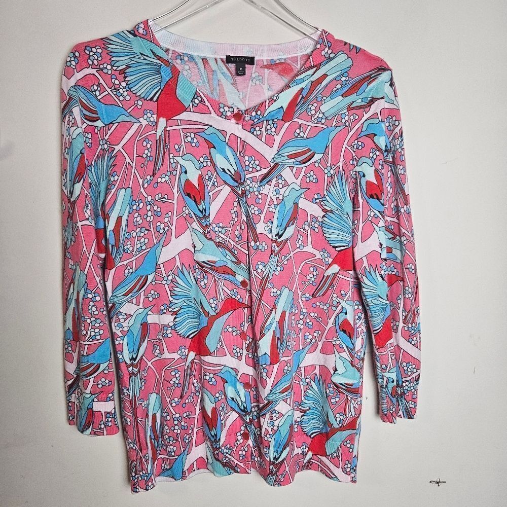 Talbots Women's  Sweater Bird Print Button-up Cardigan Lightweight Medium
